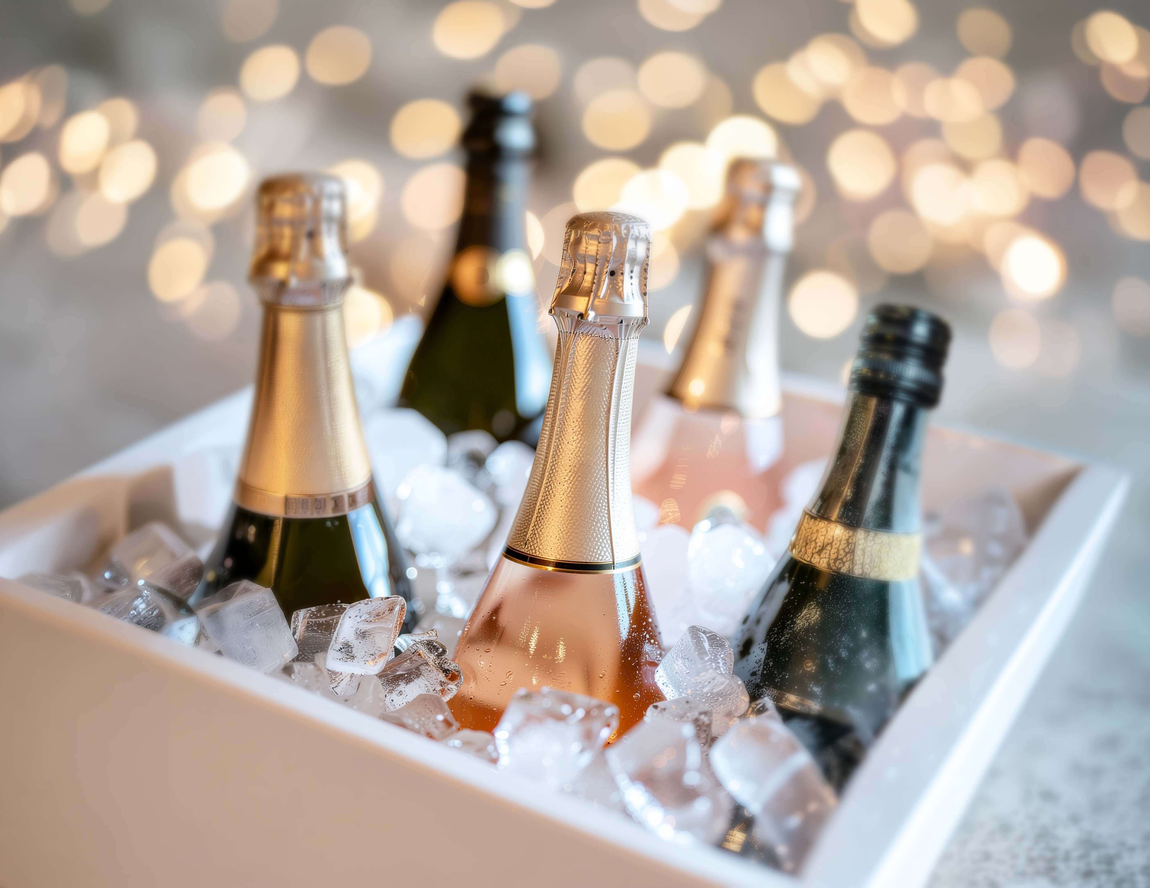 Fünf Wein- und Sektflasche in einem Eiskübel